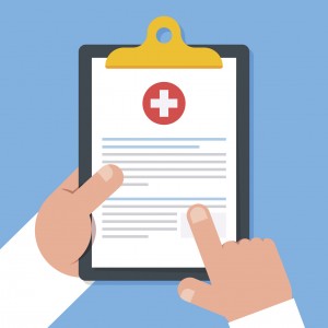 Clipboard in hand doctor. Doctor consider notes in a Clipboard. Medical report, medical background. Vector, flat design. Patient care. Top view