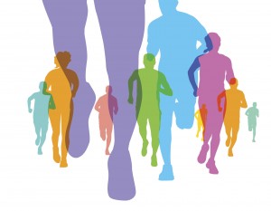 Colourful silhouettes of overlapping runners. EPS10, uses transparencies, file best in RGB, CS5 and CS3 versions in zip.