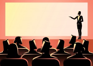 Business concept illustration of businesswoman giving a presentation on big screen. Audience, seminar, conference theme