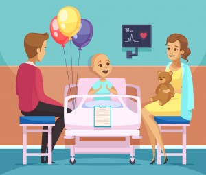 Cancer kid patient composition composition with family and oncology symbols flat vector illustration